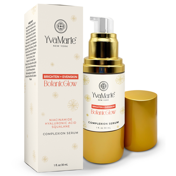 A bottle of BotanicGlow Complexion Serum by YvaMarie New York, with packaging displaying key ingredients such as Niacinamide and Hyaluronic Acid, indicating a brightening and hydrating skincare product.