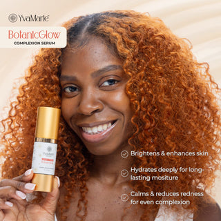 Woman holding a YvaMarie BotanicGlow serum bottle with product features listed.