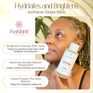 YvaMarie skincare product with a woman holding it, set against a neutral background.