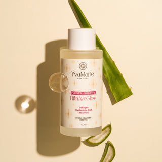 YvaMarie skincare product with aloe vera leaves on a beige background