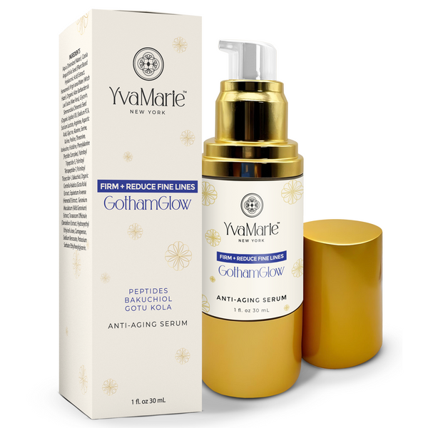 A product image featuring a GothamGlow anti-aging serum bottle with a gold and white label, next to its packaging box which also has matching gold and white colors. The serum is designed to firm and reduce fine lines.