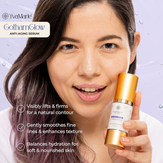 Woman holding a bottle of YvaMarie GothamGlow anti-aging serum with product details on a light purple background.
