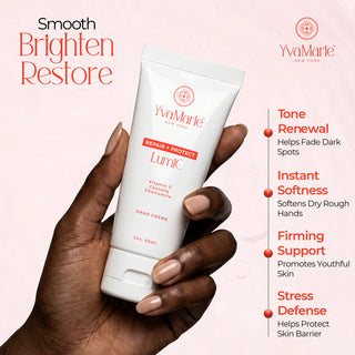 YvaMarie hand cream tube held by a hand with product features listed on a pink background