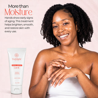 Woman applying hand cream with text about skin care benefits on a pink background