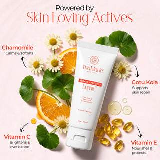 YvaMarie hand cream with natural ingredients like oranges, flowers, and capsules on a light pink background.