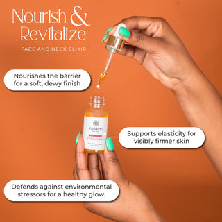 Hand holding a dropper with a bottle of YvaMarie FifthAveGlow face and neck elixir against an orange background.