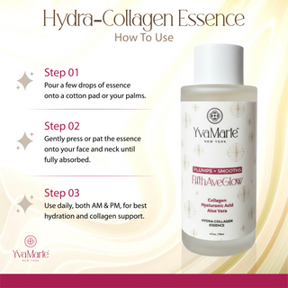 YvaMarie Hydra-Collagen Essence bottle with usage instructions on a light background