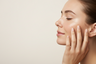 Woman applying cream to her face with a neutral background