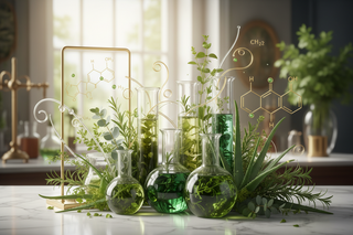 Decorative setup with green vases, plants, and scientific-themed decorations on a table.
