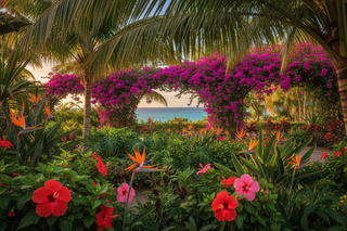 Tropical garden with colorful flowers and a palm tree overlooking the ocean.