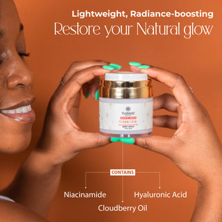 Person holding a YvaMarie skincare moisturizer with text about lightweight radiance-boosting benefits and ingredients.