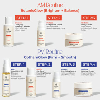 Cosmetic product lineup with AM and PM routines on a white background