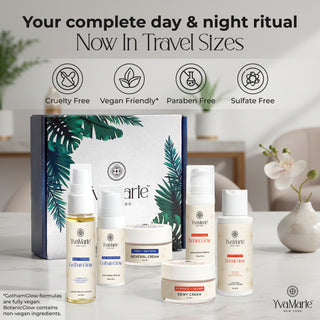 YvaMarie discovery skincare products with a box and decorative elements on a neutral background