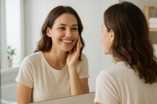i need a women standing in front of the mirror looking at her face smiling 